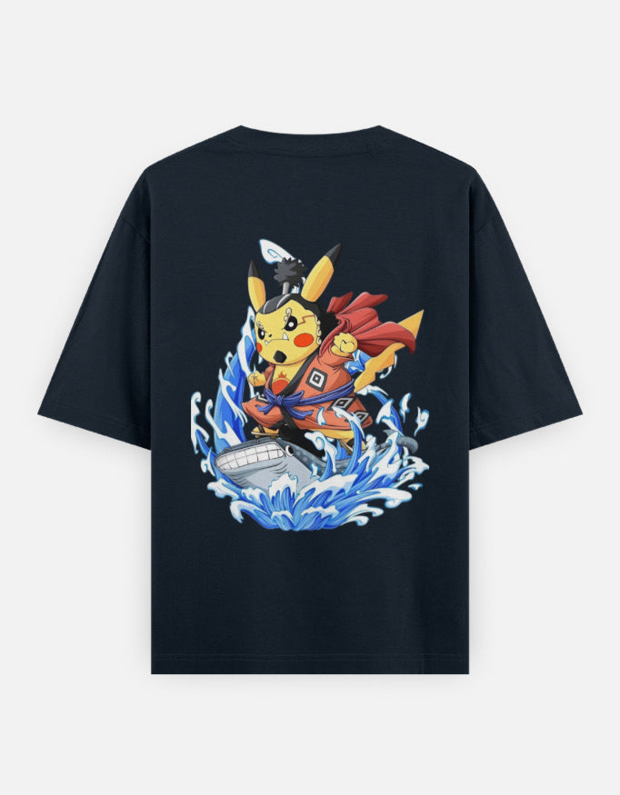 Pokemon One Piece crossover tee featuring Pikachu as a pirate riding waves in vibrant colors