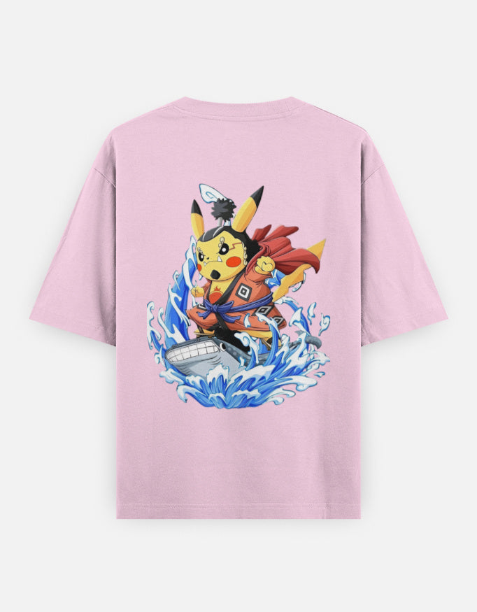 Pokemon One Piece crossover tee featuring Pikachu in a colorful design on a pink background