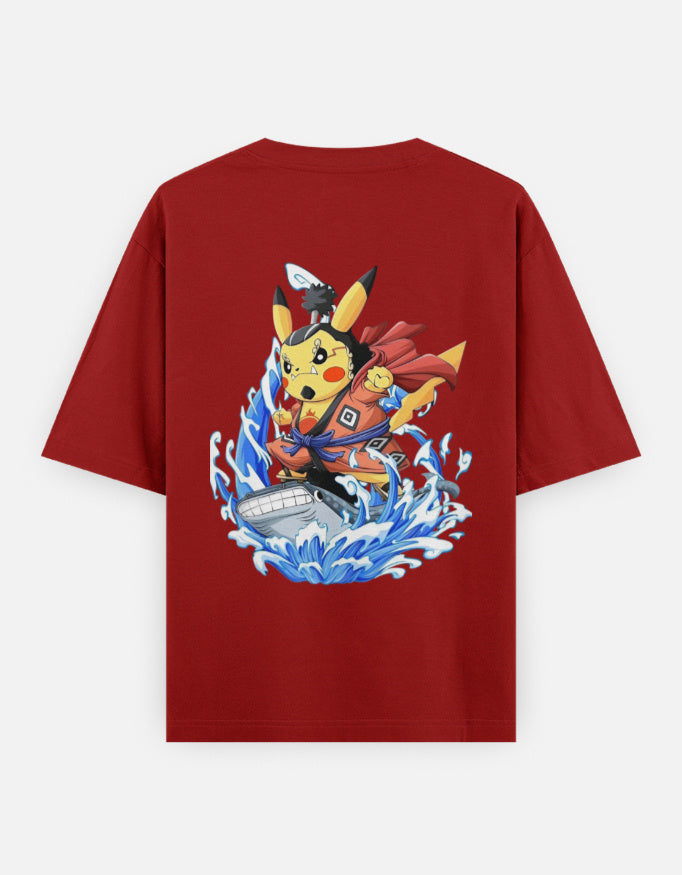 Red Pokemon One Piece crossover tee featuring Pikachu in a dynamic action pose