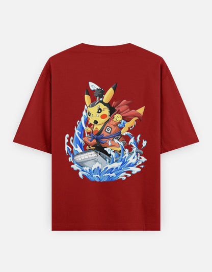 Red Pokemon One Piece crossover tee featuring Pikachu in a dynamic action pose