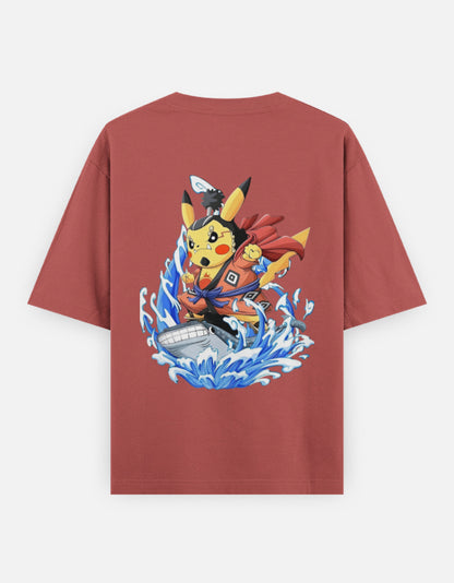 Pokemon One Piece crossover tee featuring Pikachu in a dynamic action pose with waves