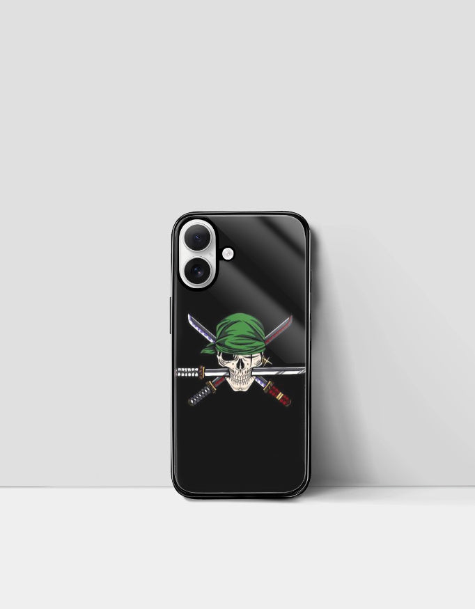 Black Roronoa Zoro iPhone case featuring a skull with a green bandana and crossed swords design