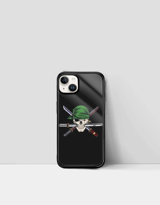 Roronoa Zoro iPhone case with skull and crossed swords design in black background