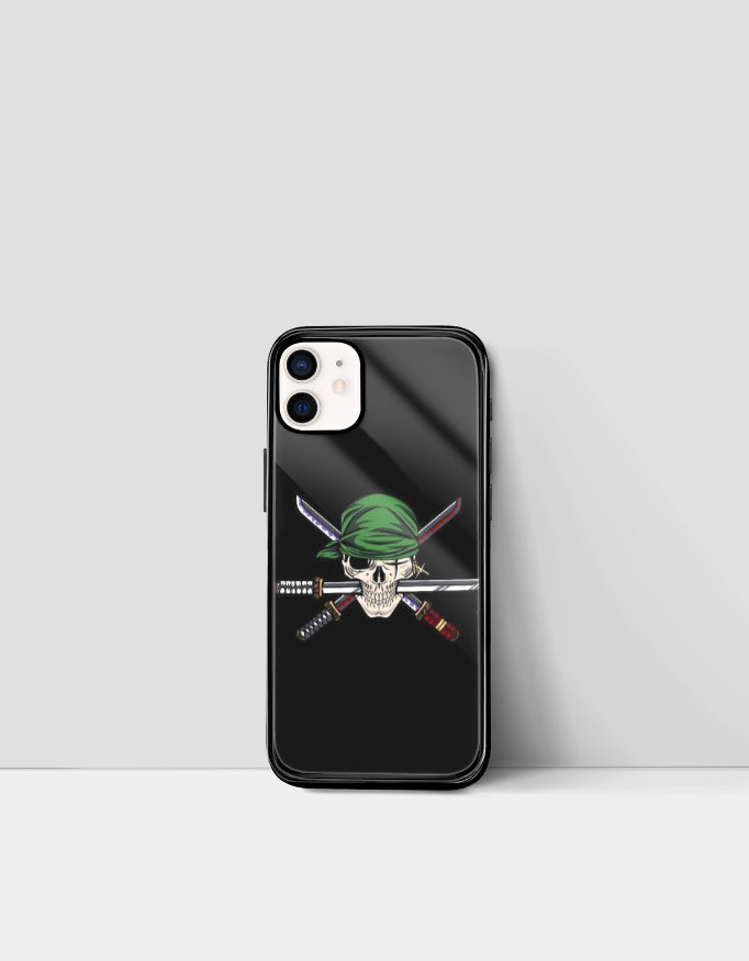 Roronoa Zoro iPhone case with skull and crossed swords design on black background
