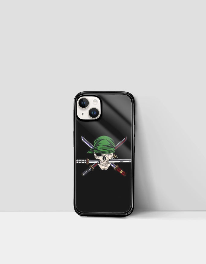Black phone case featuring skull with green bandana and crossed swords design Roronoa Zoro iPhone case