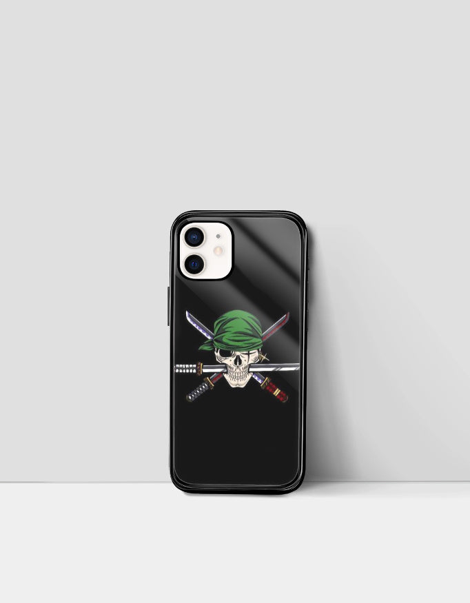 Black Roronoa Zoro iPhone case featuring skull with green bandana and crossed swords design