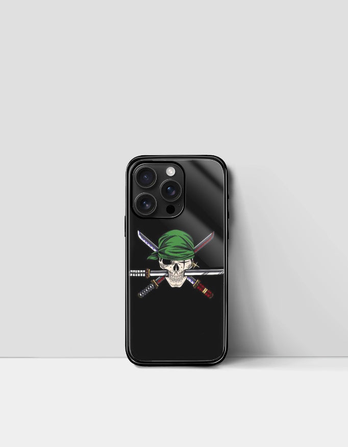 Black Roronoa Zoro iPhone case with skull and crossed swords design