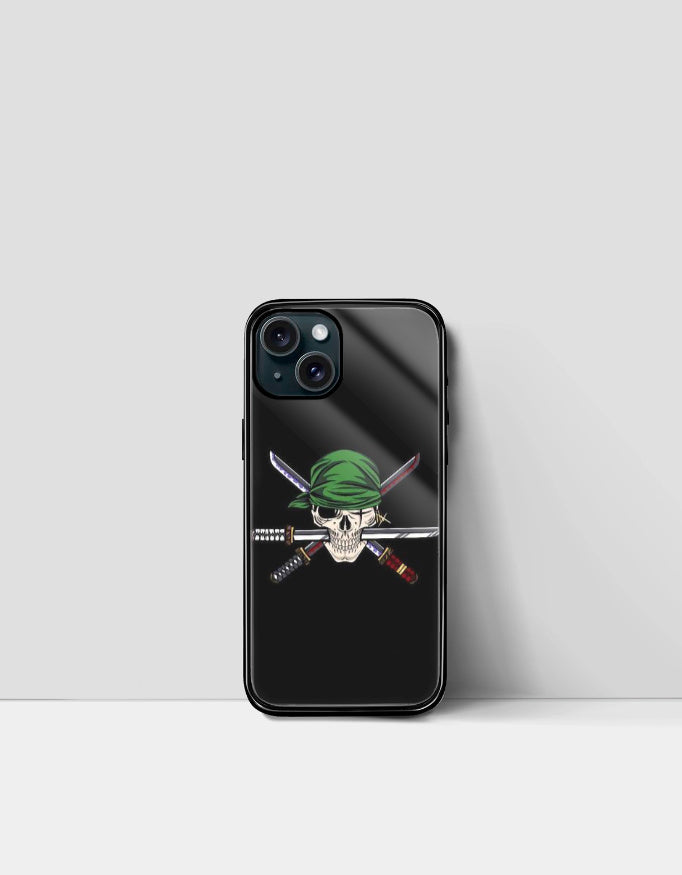 Black Roronoa Zoro iPhone case featuring a skull with green bandana and crossed swords design