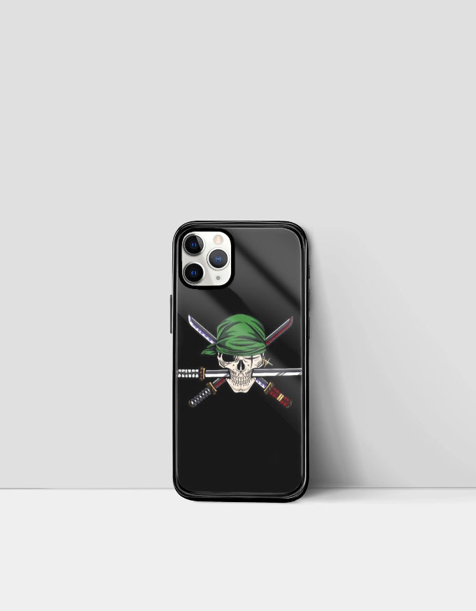 Roronoa Zoro iPhone case featuring skull with green bandana and crossed swords on black background
