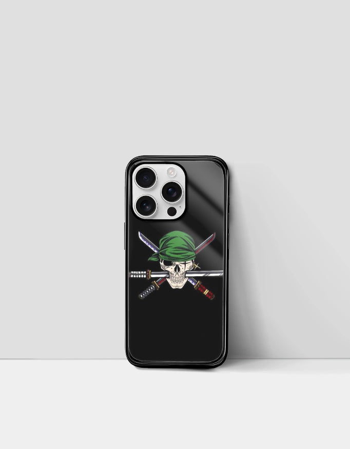Roronoa Zoro iPhone case with skull and crossed swords design in green headband on black background
