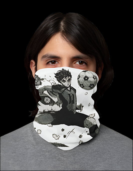 Rouge Shinobi Isagi bandana featuring a vibrant design of a soccer character in action