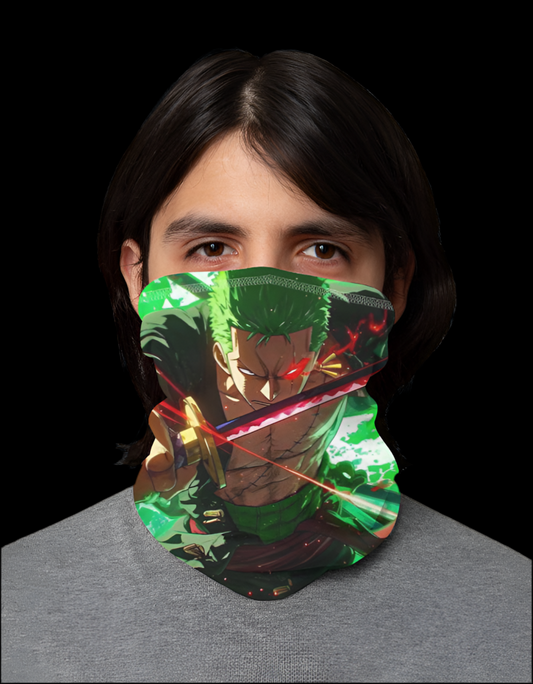 Rouge Shinobi Zoro face mask featuring a detailed design of Zoro with a sword