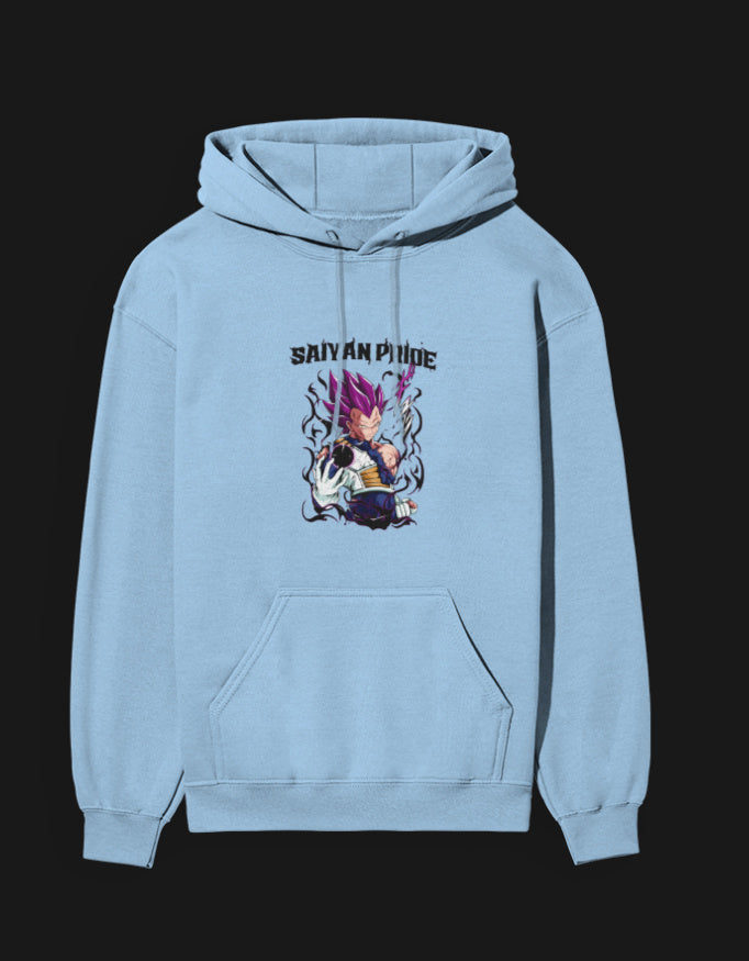 Saiyan Pride anime hoodie in light blue featuring vibrant character artwork and a cozy fit