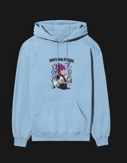 Saiyan Pride anime hoodie in light blue featuring vibrant character artwork and a cozy fit