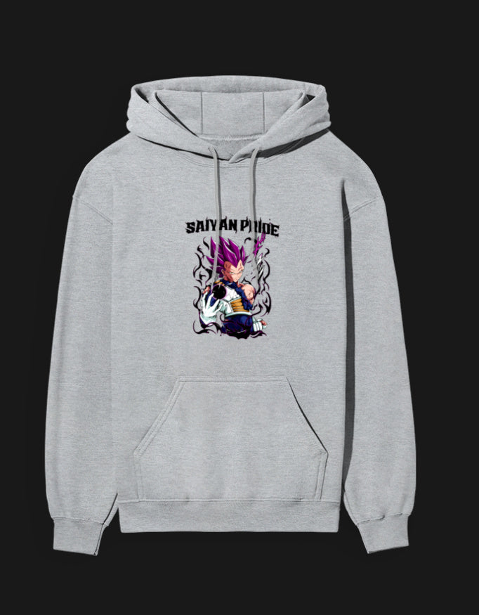Gray Saiyan Pride anime hoodie featuring vibrant graphic of a Saiyan character
