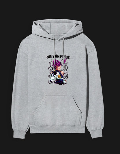 Gray Saiyan Pride anime hoodie featuring vibrant graphic of a Saiyan character