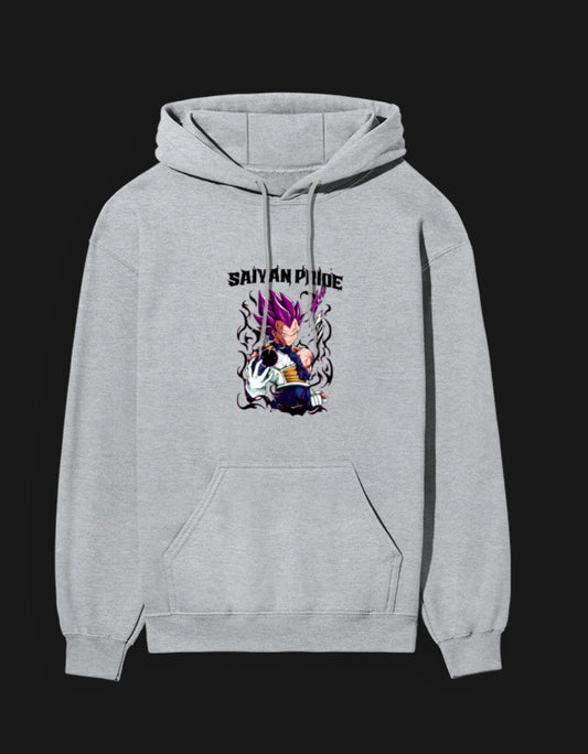 Gray Saiyan Pride anime hoodie featuring vibrant graphic of a Saiyan character