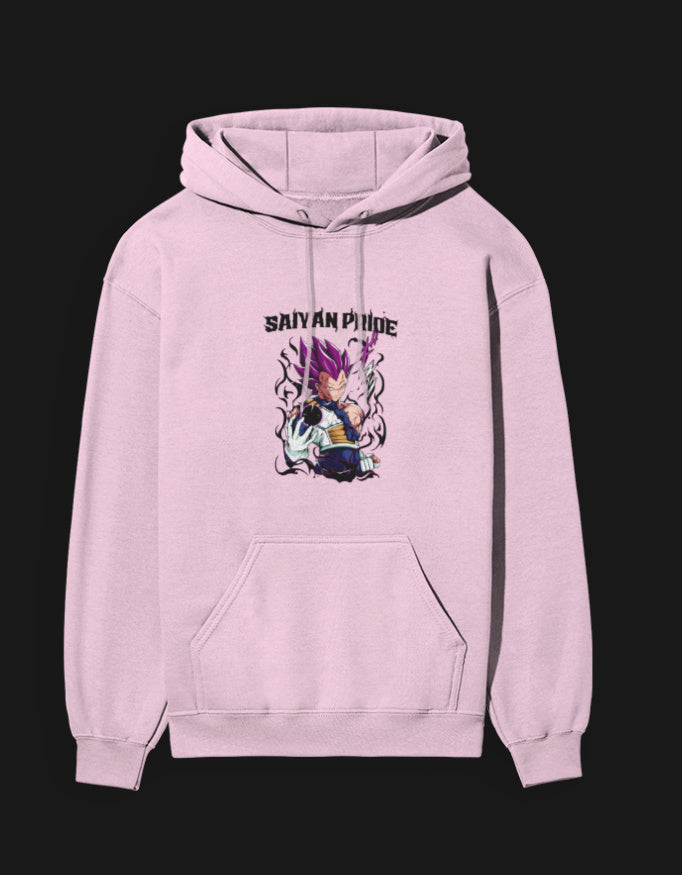 Saiyan Pride anime hoodie in light pink featuring vibrant anime character graphic