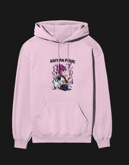 Saiyan Pride anime hoodie in light pink featuring vibrant anime character graphic