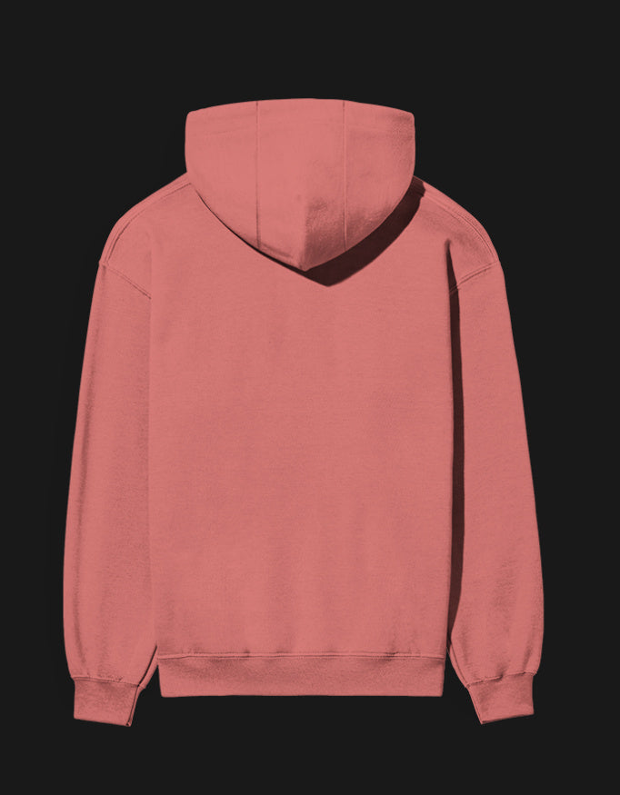 Back view of the Saiyan Pride anime hoodie in soft coral with a cozy hood and relaxed fit