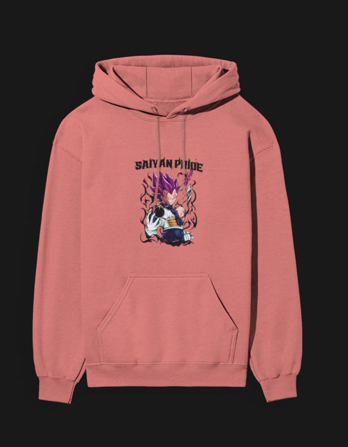 Saiyan Pride anime hoodie in pink featuring bold graphics and a comfortable fit