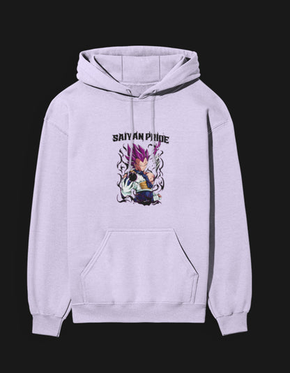 Saiyan Pride anime hoodie in lavender featuring vibrant graphic art of a powerful character