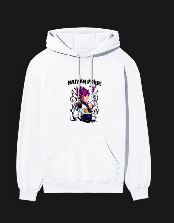 White Saiyan Pride anime hoodie featuring vibrant graphic design of a powerful character