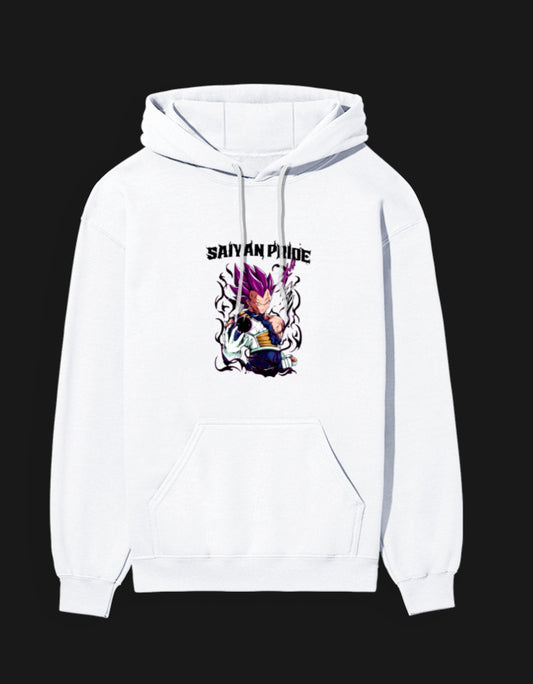 White Saiyan Pride anime hoodie featuring vibrant graphic design of a powerful character