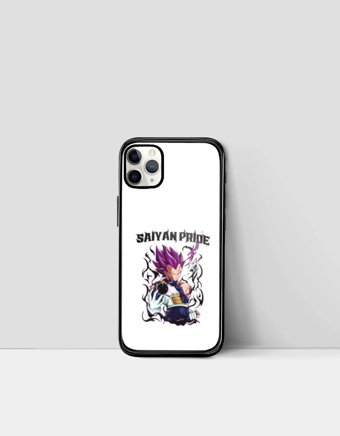 Saiyan Pride phone case with purple-haired anime warrior design and bold text on white background