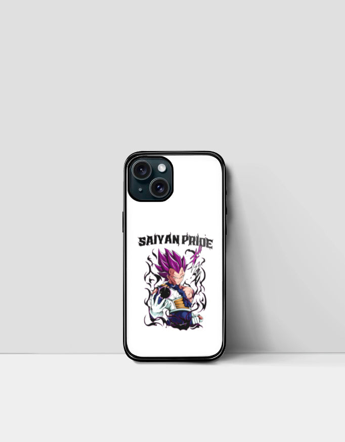 White Saiyan Pride phone case featuring a powerful anime character with purple hair and black border