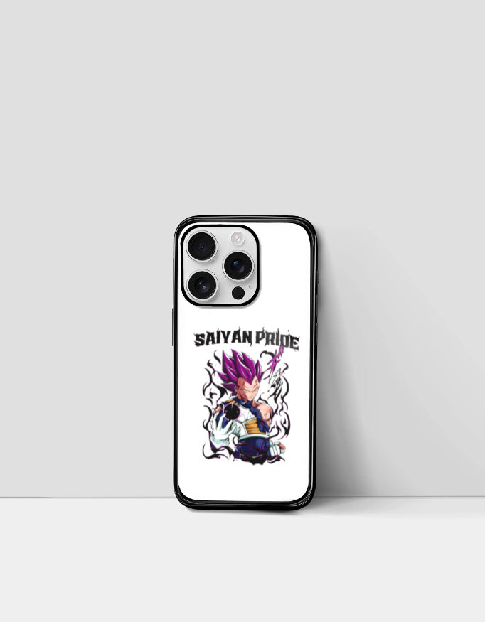 Saiyan Pride phone case featuring a vibrant anime character with purple hair and bold text design