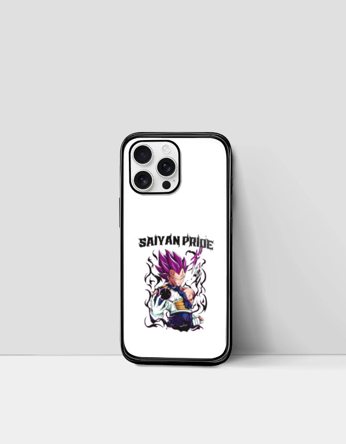 Saiyan Pride phone case featuring anime character with purple hair and fiery aura on white background