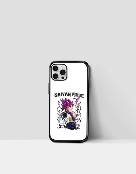 White Saiyan Pride phone case featuring purple-haired anime warrior design with black border