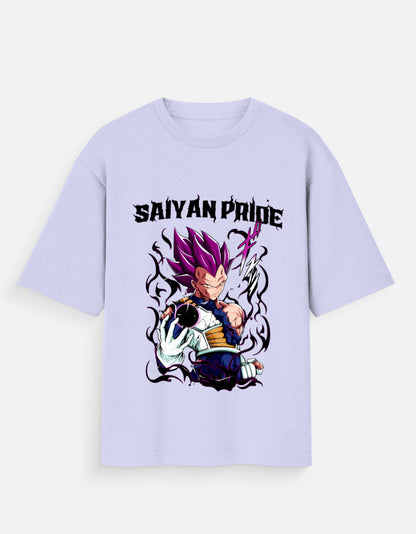 Light purple Saiyan Pride unisex tee with fierce anime character graphic and bold text design