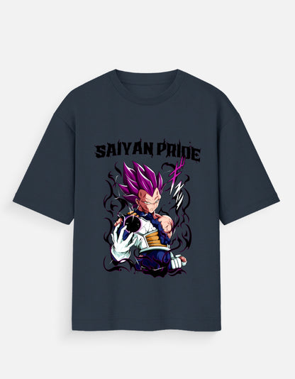 Saiyan Pride unisex tee with purple-haired anime warrior graphic on front in dark gray