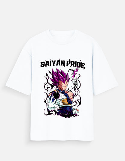 White Saiyan Pride unisex tee featuring a vibrant anime character with purple hair and dynamic black flames