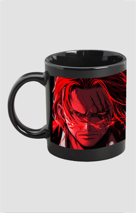 Black ceramic Shanks coffee mug featuring a red and black intense anime character design