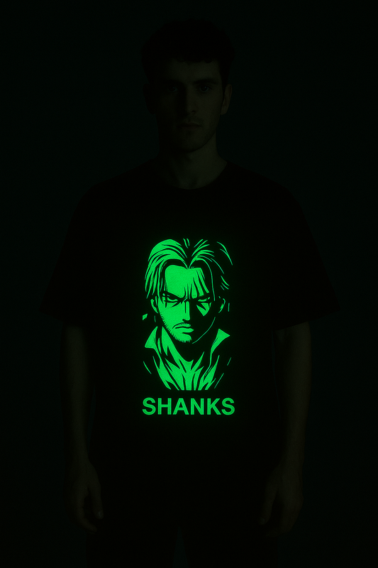 Shanks glow in the dark t-shirt featuring a vibrant green anime character design from AnimeVerseStore