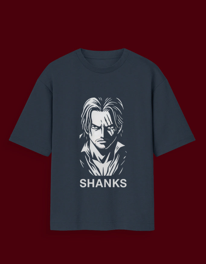 Dark gray Shanks glow in the dark t-shirt featuring a bold white graphic of Shanks from anime