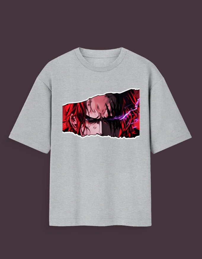 Grey Saiyan Pride graphic oversized t-shirt with purple-haired anime character for Shanks haki oversized t-shirt