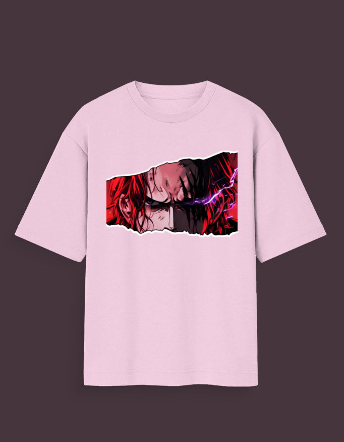 Shanks haki oversized t-shirt featuring Saiyan Pride anime character graphic on light pink fabric