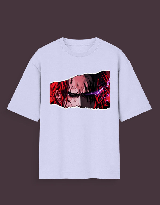 Light purple Shanks haki oversized t-shirt featuring a Saiyan Pride anime character graphic