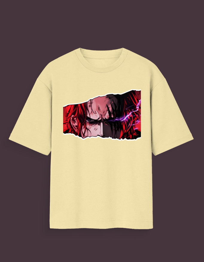 Shanks haki oversized t-shirt in beige with vibrant anime print featuring Vegeta and Goku