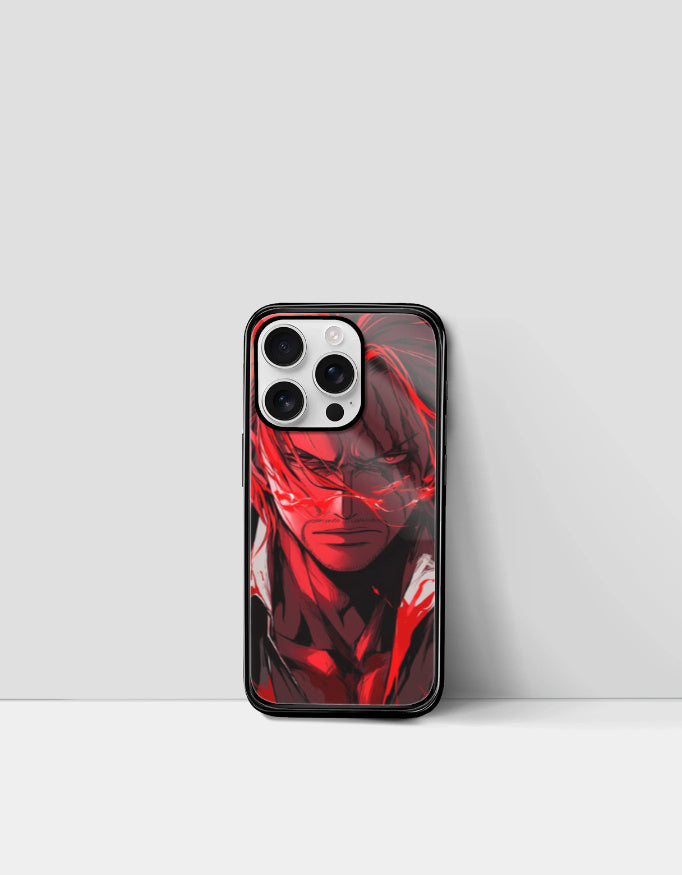 Shanks iPhone case featuring vibrant red anime character design with protective black edges