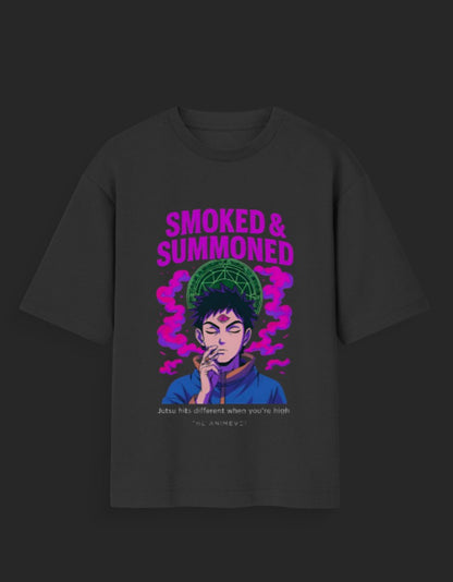 Black smoked and summoned tee with anime character smoking and purple smoke design