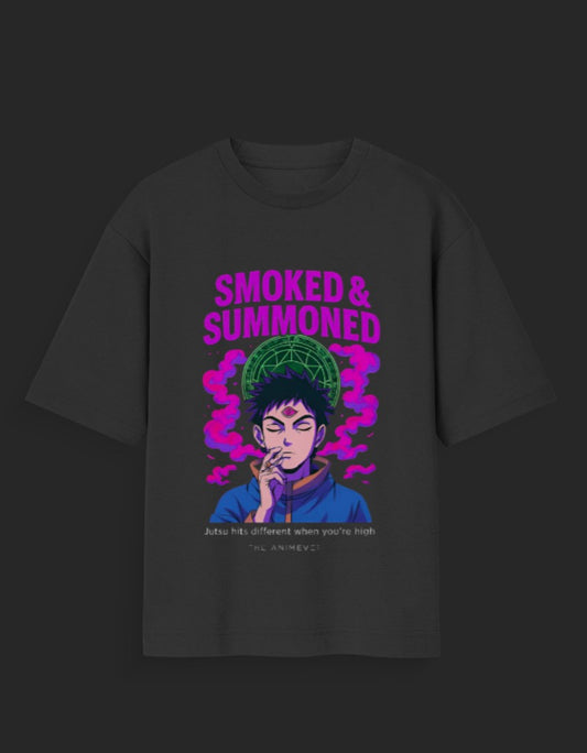 Black smoked and summoned tee with anime character smoking and purple smoke design