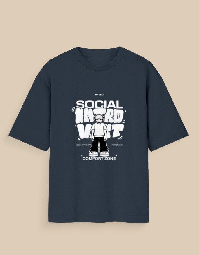 Social Introvert glow in the dark t-shirt in black with graphic text and character design