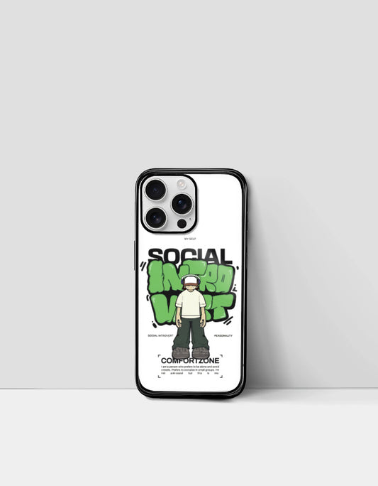 Social introvert iPhone cover with cartoon character and green graffiti design by AnimeVerseStore