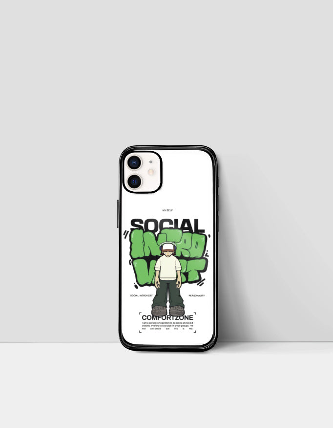 Social introvert iPhone cover with cartoon character and green graffiti design from AnimeVerseStore