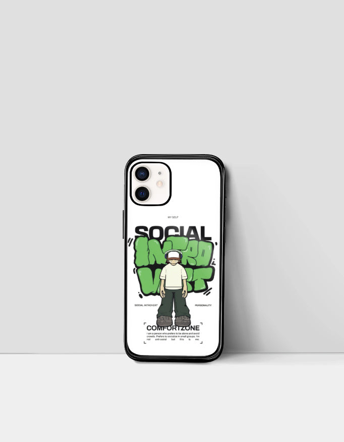 Social introvert iphone cover with cartoon character and green graffiti style text on white background